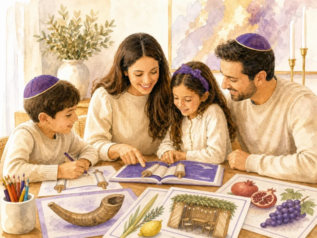 Ilustração em aquarela de uma família aprendendo Torá com atividades